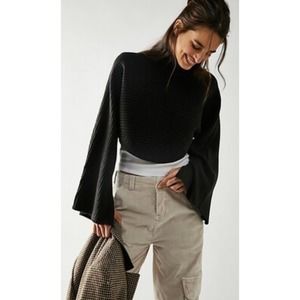 Free People Billie Mock Neck Cropped Ribbed Sweater Size XL NWT Black